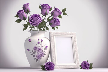 Vase with violet roses and photo frame with copy space on white background. Generative AI