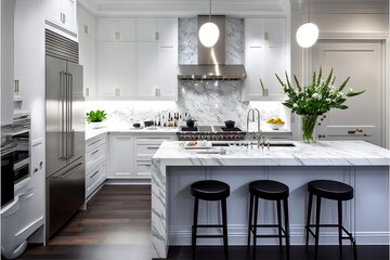  a kitchen with a marble island and white cabinets and a black stools and a sink and stove and a refrigerator and a microwave and a light and a counter with a vase with a plant. Generative AI