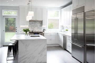  a kitchen with a marble island and stainless steel appliances and a window with a view of the backyard outside the window and a view of the yard beyond the kitchen area with a large window.