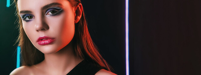 90s look. Fashion makeup. Retro 2000s beauty. Neon light closeup portrait of confident teen girl...