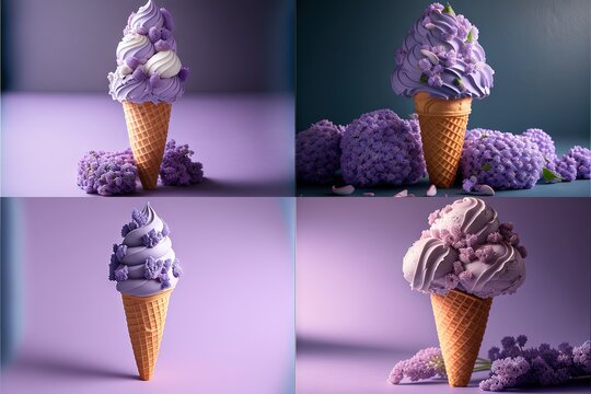  a series of four pictures of a purple ice cream cone with flowers on it and a purple background with a purple background and a purple background with a purple background and white border with a.
