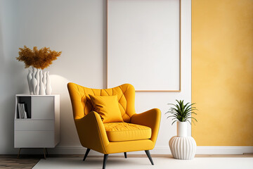 Fototapeta Warm toned living room interior wall mockup with a yellow armchair and a background of a white wall. Generative AI obraz