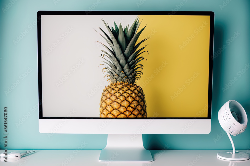 Aufkleber white table with isolated computer screen style and pineapple wallpaper. generative ai