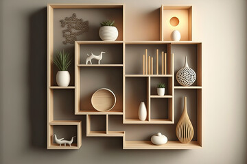 Idea Box Wall Shelves on minimal living room japandi style design, . Generative AI