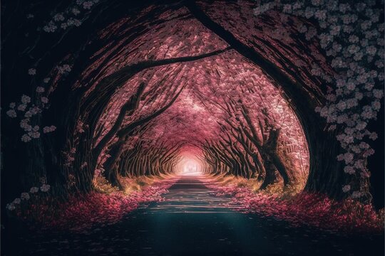  a tunnel of trees with pink flowers on the trees lining the road and a light at the end of the tunnel is lit by the light at the end of the tunnel of the tunnel.