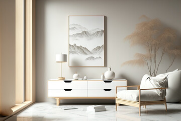 Japandi living room in white and bleached tones. Wooden chest of drawers with wall mockup. Marble floor, panoramic view, wall mockup with wallpaper. Modern interior design, 3d illustration. Generative