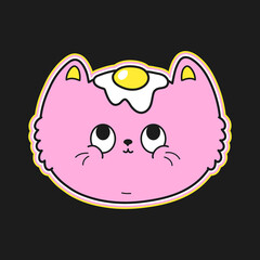 Cute smiling happy cat with fried egg on head. Vector cartoon character illustration icon. Cute koala cat,kittie print for t-shirt,logo,card