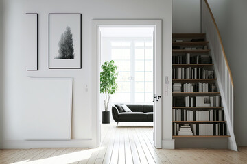 Front view on bright living room interior with empty white poster, panoramic window, closet, white wall, oak wooden hardwood floor, stairs, books. Concept of minimalist design. Mock up. Generative AI