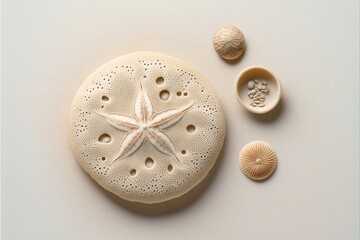  a starfish and shells are on a white surface next to a shell and a sea urn on a white surface, with a white background, with a white background, a white, rectangular