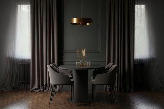 Minimalist contemporary dark wooden dining room with table and chairs, curtains and parquet floor. Mockup with copy space. Modern interior design, 3d illustration. Generative AI