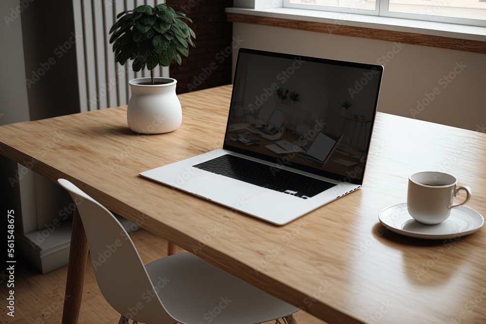 Poster a mockup laptop with a white screen and a wooden table in a shared workspace. generative ai