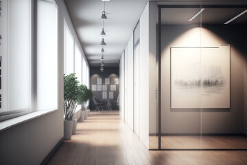 Obraz premium Modern office corridor interior with empty white mock up billboard, glass doors, furniture and wooden flooring. Architecture and design concept. Generative AI