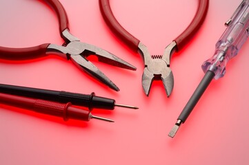 Electrical tools, wire cutters, multimeter indicator screwdriver. Multicolored background. Close-up