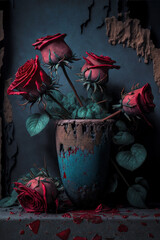 Dramatic artwork of red roses on a dark urban background. Generative AI. 
