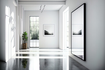 Modern spacious gallery interior with blank white mock up poster, reflections and details. Showroom and design concept. Generative AI