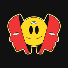Human head,smile face emoji. Vector hand drawn doodle cartoon character illustration. Smile face,third eye print for t-shirt,poster,card concept