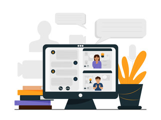 Online video call with a friend. Video conference a friend. Boy and girl. Friends meeting. Computer screen. Vector illustration in flat style