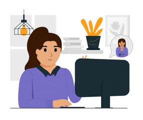 Online video call with a friend. Women talk using a laptop webcam. Internet communication technology. Vector illustration of the workplace. Vector illustration in flat style