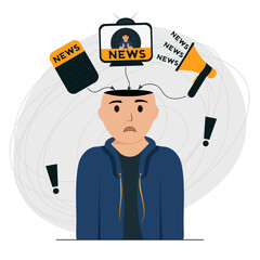 Breaking news. The guy found out the news and his head turned.  Newspapers, news TV, news from the mouth. loudspeakers. Vector illustration in flat style.