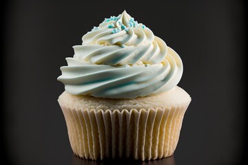  a cupcake with white frosting and blue sprinkles on top of it on a black surface with a black background with a black background and white border with a blue border.