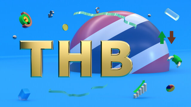 Gilded letters THB against the background of a fragment of the flag of Thailand, abstract multi-colored shapes, arrows, currency symbols and charts. 3D rendering. Finance, forex concept