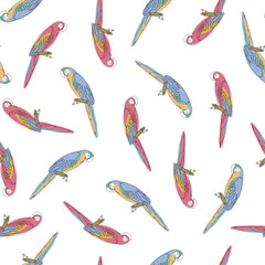 Seamless pattern with cute cartoon parrots. Graphic resource in trendy single line style. Suitable for children's decor. Vector illustration.
