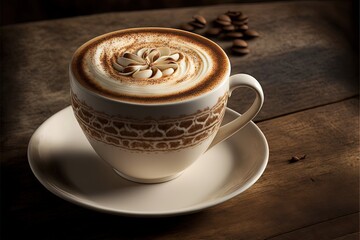  a cappuccino with a swirl in the middle of it on a saucer on a wooden table with coffee beans and a few other things around it on the table top of the.