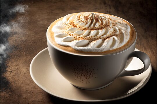  a cup of coffee with a swirl in the foam on top of it on a saucer on a table with steam coming out of the top of the cup and steam coming out of the foam. © Anna