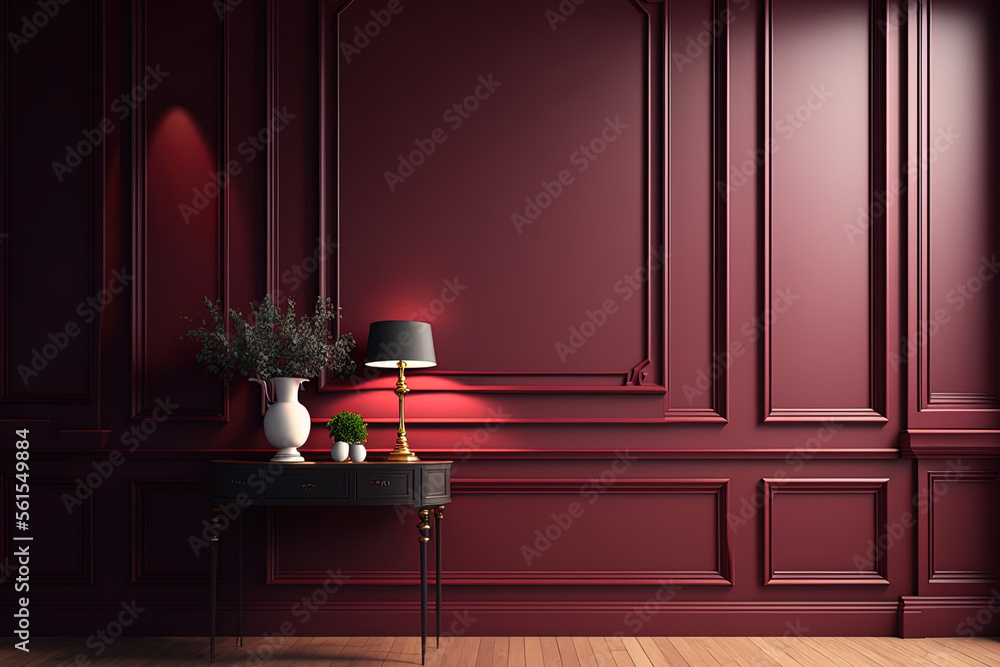 Sticker With wall panels, mouldings, and a wooden floor, the modern classic interior is painted in shades of crimson, marsala, and burgundy. Mock up for an illustration. Generative AI