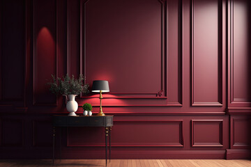 With wall panels, mouldings, and a wooden floor, the modern classic interior is painted in shades of crimson, marsala, and burgundy. Mock up for an illustration. Generative AI