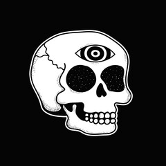 Psychedelic trippy skull with open third eye. Vector hand drawn doodle line cartoon character illustration. Psychedelic,acid,skull,third eye print for t-shirt, poster,sticker,cover,card concept