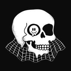 Psychedelic trippy skull with smile face print for t-shirt. Vector hand drawn doodle line cartoon character illustration
