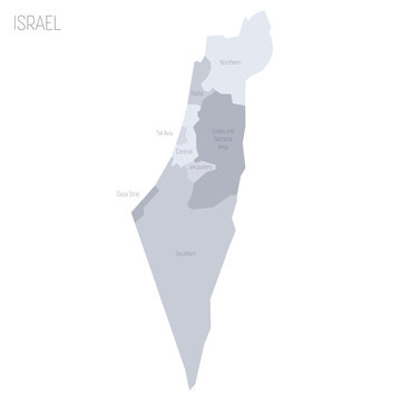 Israel political map of administrative divisions - districts, Gaza Strip and Judea and Samaria Area. Grey vector map with labels.