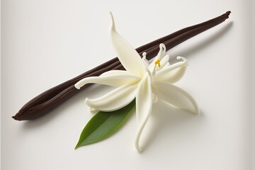  a white flower and two brown sticks on a white surface with a white background and a brown stick with a single flower on it, with a green leaf, and brown stem, on.