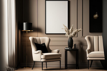 Luxury living room with chair and black table. Accent empty wall taupe beige color painted. Warm ivory interior design. Mockup art. Premium furniture and lounge reception hall. Generative AI