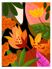 Abstract tropical leaves and flowers hand drawn vector illustration background.