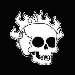 Skull burn in fire t-shirt print.Vector cartoon graphic illustration logo design.Trippy psychdelic skull,fire print for poster,t-shirt,logo concept