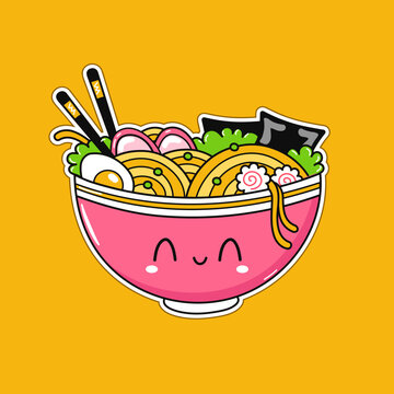 Cute funny ramen bowl. Vector hand drawn cartoon kawaii character illustration logo icon. Cute Japan anime,manga style ramen bowl,noodle cartoon kawaii concept