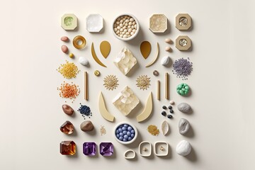 Arrangement of precious stones for jewelry making, flat lay style. Generative AI