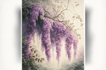  a painting of a tree with purple flowers on it's branches and a white background with a white frame and a white border around the picture of a tree with purple flowers and leaves.