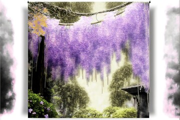  a painting of a purple forest with trees and flowers in the background and a white frame with a black border around it and a white border with a yellow border at the bottom and bottom.