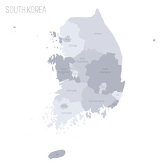 South Korea political map of administrative divisions - provinces, metropolitan cities, special city of Seolu and special self-governing cities of Sejong. Grey vector map with labels.