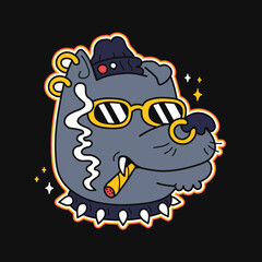 Funny dog smoke joint.Vector logo cartoon character illustration. Dog,wolf,high,weed,marijuana,cannabis,joint,smoker print for t-shirt,poster,sticker,logo art concept