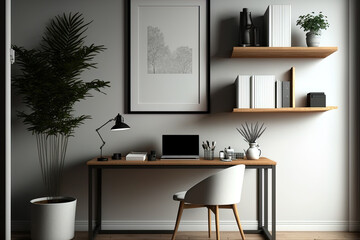 Side view, Copy space for montage your product display on wood tabletop in minimal and comfortable working room interior design. , 3d illustration. Generative AI