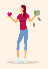 Woman holding heart symbol and money stack