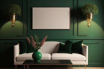 Fototapeta middle table design with sofa and frame against a green wall. interior design of a home. Generative AI obraz