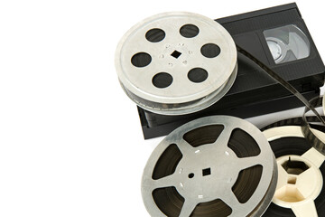 Film reel and videocassette isolated on white background. Free space for text.