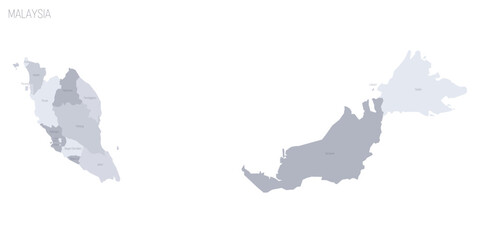 Malaysia political map of administrative divisions - states and federal territories. Grey vector map with labels.