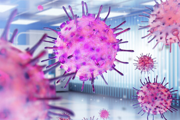 Kraken infection molecules. Covid XBB.1.5 mutation. Pink virus molecules in hospital room. Kraken coronavirus strain. Outbreak of dangerous flu epidemic. Pandemic due to kraken mutation. 3d image.