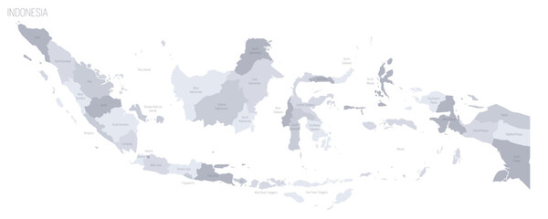 Indonesia political map of administrative divisions - provinces and special regions. Grey vector map with labels.